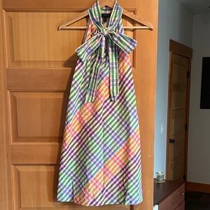 J. Crew Multicolor Plaid Sleeveless Dress with Bow at Neck